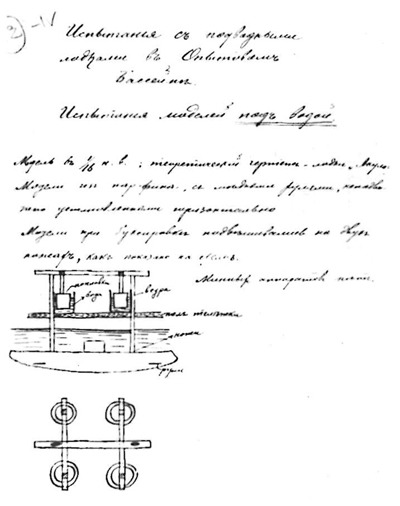 Эскиз И.Г. Бубнова, схематически поясняющий идею специального устройства для испытаний моделей подводных лодок